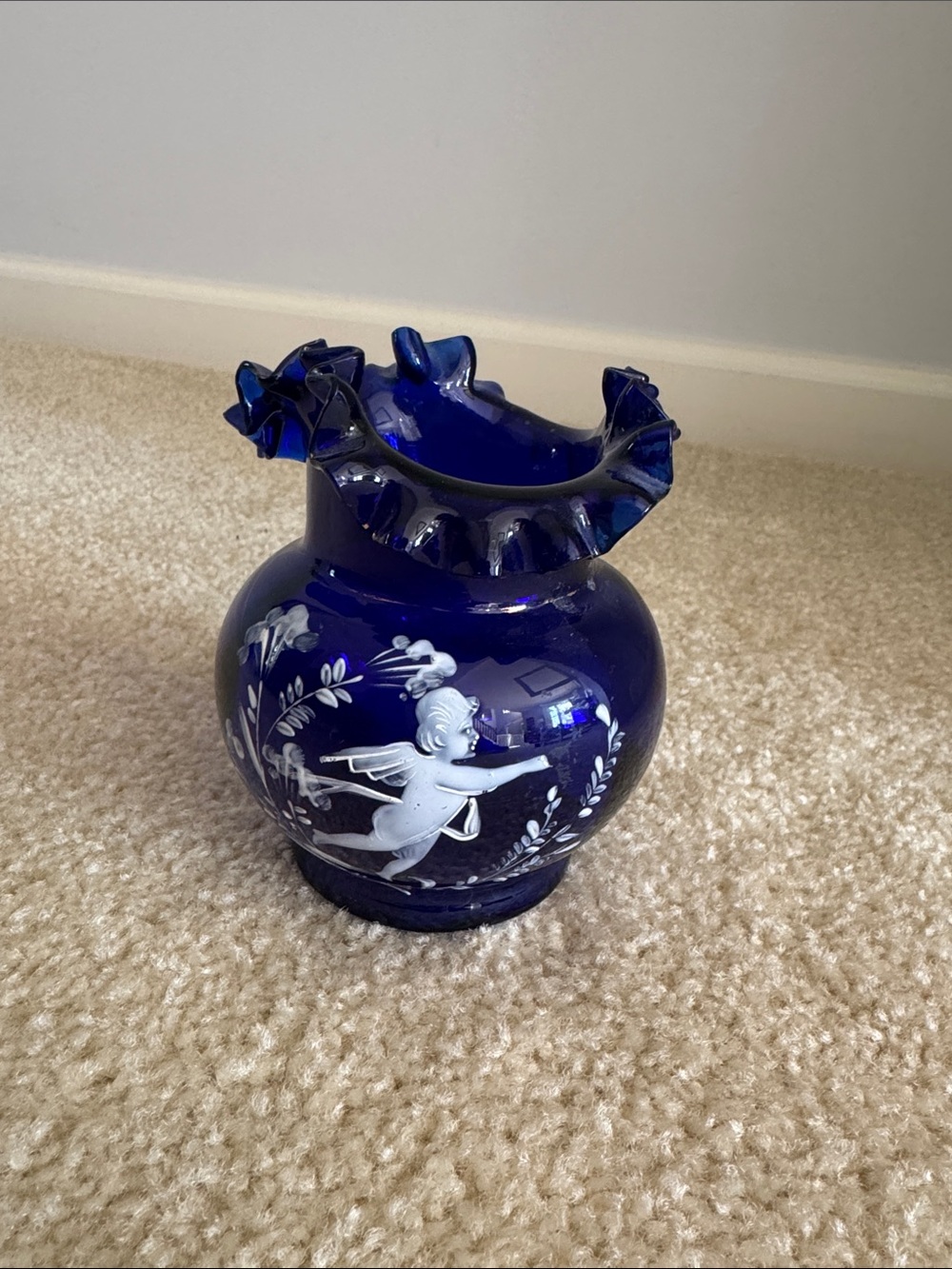 Vintage Cobalt Blue Ruffled Glass Vase with White Cherub Motif